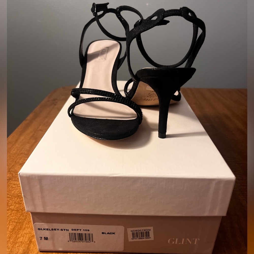 Glint strap black heels, size 7.